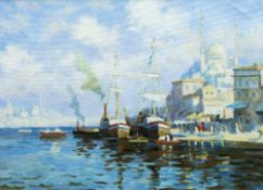 ENGLISH SCHOOL (20th century) Shipping on the Bosphorus Oil on board Remnants of old paper label