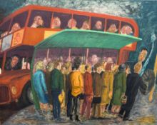 *AR DERMOT HOLLAND (20th century) Irish Bus Stop Queue Oil on canvas Signed to verso 101 x 82 cm,