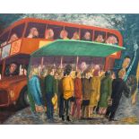 *AR DERMOT HOLLAND (20th century) Irish Bus Stop Queue Oil on canvas Signed to verso 101 x 82 cm,