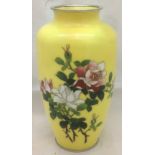 A Japanese white metal mounted cloisonne vase Worked with roses on a yellow ground. 21.5 cm high.