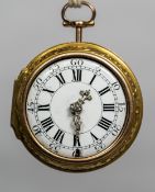 An 18th century yellow metal pair cased pocket watch The white enamelled dial with Roman numerals