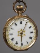 A 19th century 14 ct gold cased lady's keyless wind open faced pocket watch The 3 cm decorated