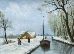 F BRANDEL (19th/20th century) Continental Figures in a Snowy Canal Landscape Oil on canvas Signed