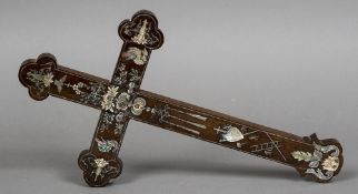 A 19th century Chinese mother-of-pearl inlaid hardwood cross, possibly hongmu wood Of lobed form,