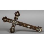 A 19th century Chinese mother-of-pearl inlaid hardwood cross, possibly hongmu wood Of lobed form,