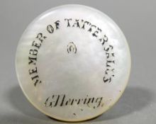 A rare Victorian mother-of-pearl and ivory Member of Tattersalls badge for G Herring 4 cm diameter.