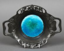 An enamel decorated English pewter pierced twin handled dish,