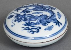 A Chinese blue and white porcelain seal box Of lidded circular form,