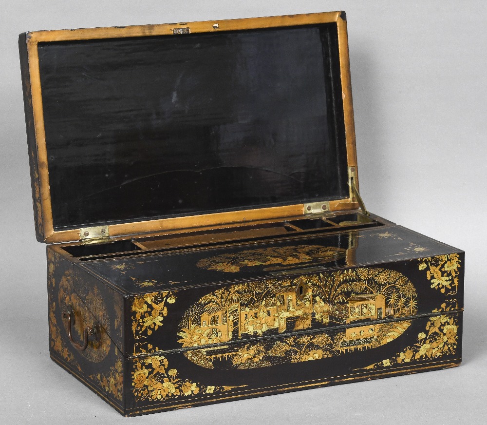 A 19th century chinoiserie lacquered writing slope Of hinged rectangular form,