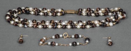 A suite of 9 ct gold mounted pearl and tigers eye jewellery Comprising: a necklace,