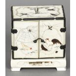 A 19th century Japanese shibyama inlaid and penwork ivory miniature cabinet on stand The body