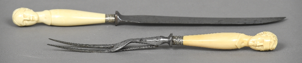 A Victorian ivory mounted carving set The handle finials worked as busts of Victoria and Prince