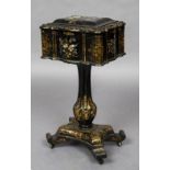 A Victorian mother-of-pearl inlaid papier mache pedestal cased decanter stand The hinged shaped top