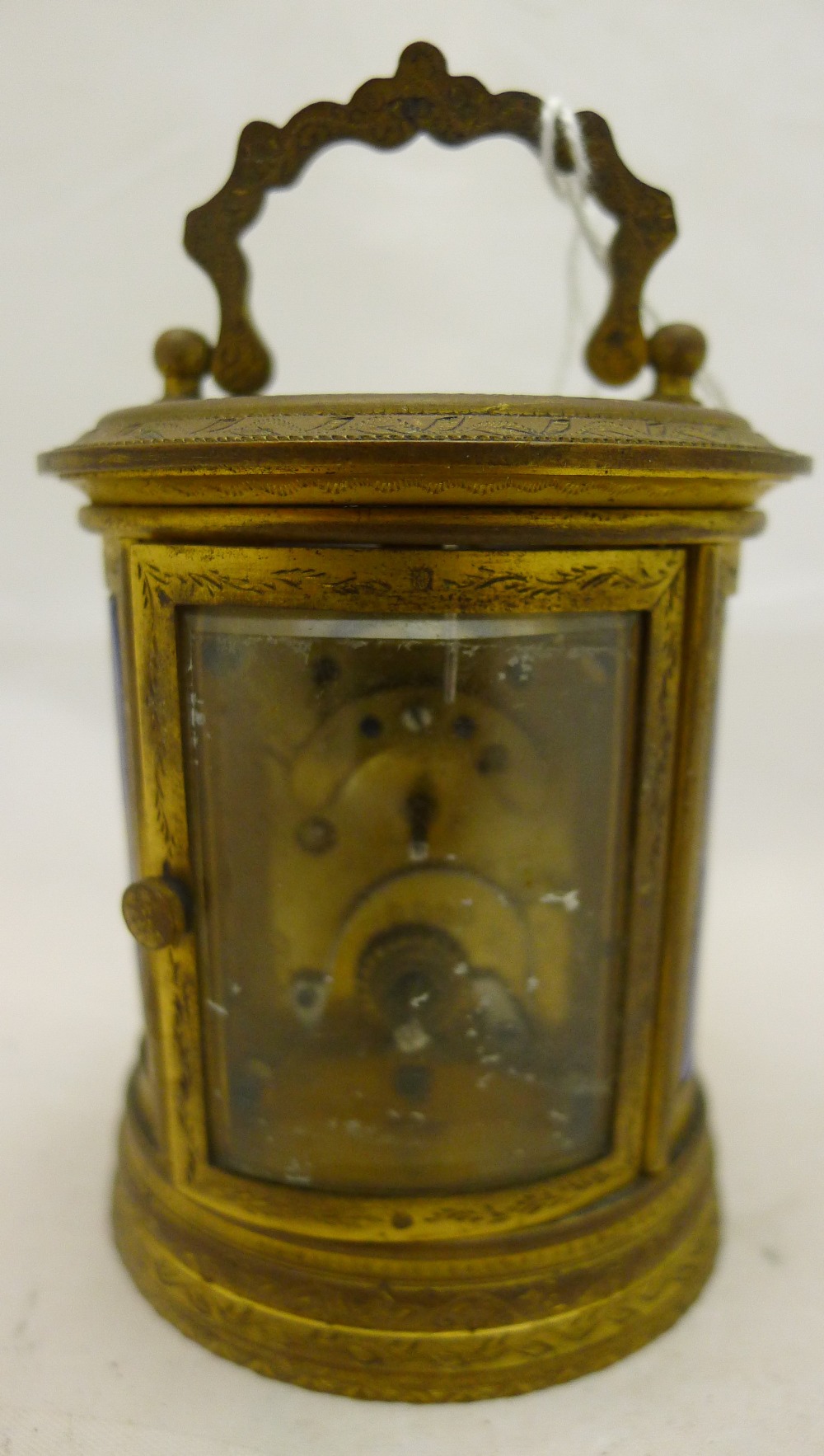 A late 19th century miniature oval gilt brass carriage clock Decorated with Sevres style painted - Image 4 of 9