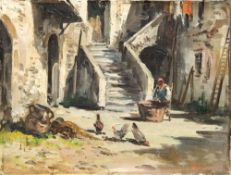 CONTINENTAL SCHOOL (early 20th century) Chicken in a Courtyard Oil on canvas Indistinctly