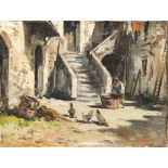 CONTINENTAL SCHOOL (early 20th century) Chicken in a Courtyard Oil on canvas Indistinctly