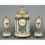 A 19th century gilt metal mounted white marble triple clock garniture The white painted dial with