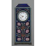 An enamel decorated 925 silver desk clock Of stepped rectangular form with scrolling floral