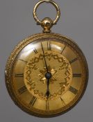An Edwardian 18 ct gold cased mid-size key wind open faced pocket watch The 3.