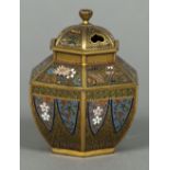 A fine quality cloisonne decorated gilt bronze censor Of hexagonal form, with pierced removable lid,