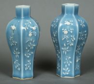 A pair of Chinese celadon ground vases Each of hexagonal bulbous tapering form,