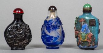 Two vintage Beijing glass snuff bottles and another Including an unusual multi-coloured overlay