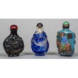 Two vintage Beijing glass snuff bottles and another Including an unusual multi-coloured overlay