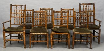 A 19th century harlequin set of eight ash and beech Lancashire spindle back country dining chairs,