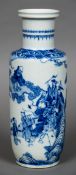 A 19th century Chinese blue and white porcelain rouleau vase Decorated with a procession of courtly