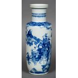 A 19th century Chinese blue and white porcelain rouleau vase Decorated with a procession of courtly