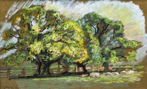 *AR JOHN OWEN (born 1928) British Oaks at Mockbeggar Ink and pastels Signed and dated 74 53 x 33 cm,