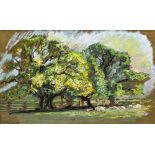 *AR JOHN OWEN (born 1928) British Oaks at Mockbeggar Ink and pastels Signed and dated 74 53 x 33 cm,