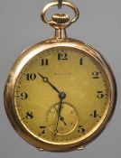 An American 14 ct gold cased gentleman's keyless wind open face pocket watch The 4 cm signed gilt