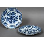 A pair of 18th century Chinese gilded blue and white dishes Each of octagonal scalloped form,