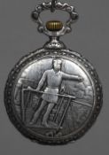 A silver hunter pocket watch The case decorated with sailing scenes,