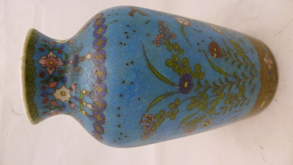 A pair of 19th century Japanese cloisonne on porcelain vases Each decorated with floral sprays, - Image 3 of 15