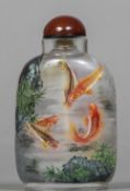 A Chinese inside painted glass snuff bottle and stopper Worked with carp. 8.5 cm high.