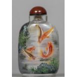 A Chinese inside painted glass snuff bottle and stopper Worked with carp. 8.5 cm high.