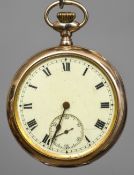 A late 19th/early 20th century gold plated gentleman's keyless wind open face pocket watch The 4.