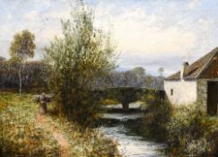 WILLIAM WOOLLARD (flourished 1883-1908) British Figure in a Rural River Landscape Oil on