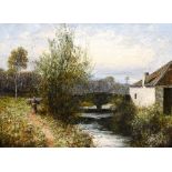 WILLIAM WOOLLARD (flourished 1883-1908) British Figure in a Rural River Landscape Oil on