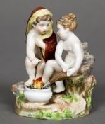 A Derby figural group Modelled as a male and female child, she nude bellowing a fire,
