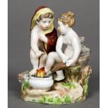 A Derby figural group Modelled as a male and female child, she nude bellowing a fire,
