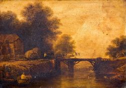 ENGLISH SCHOOL (19th century) Figures in a River Landscape Before a Hay Wain Crossing a Bridge Oil