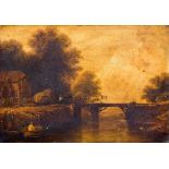 ENGLISH SCHOOL (19th century) Figures in a River Landscape Before a Hay Wain Crossing a Bridge Oil