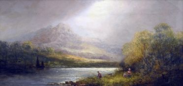 ENGLISH SCHOOL (19th century) Highland Loch Scenes with Figures Oils on canvas One indistinctly