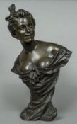 An Art Nouveau patinated bronze bust Formed as a young woman, a ribbon in her hair,