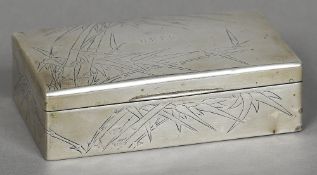 A Chinese silver cigarette box Of hinged domed rectangular form, engraved with bamboo fronds,