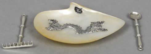 A Chinese silver mounted mother-of-pearl dish The front decorated with a dragon,