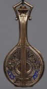 A 14K gold enamel decorated fob watch Formed as mandolin,